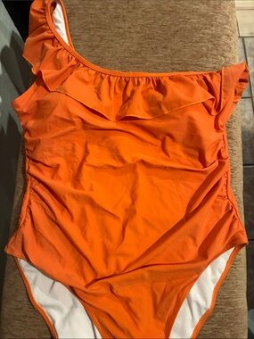 Girls Orange Ruffle One-Piece Swimsuit